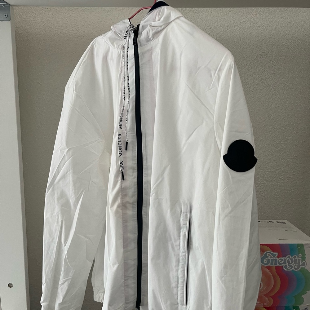 Moncler White Windbreaker with Hood and Black Logo